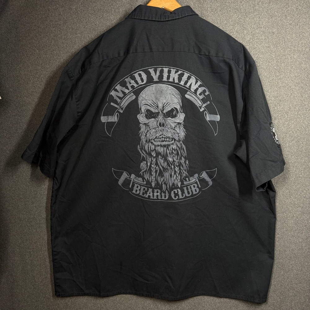 Mad Viking Beard Club Dickies Work Shirt Black Short Sleeve Mens 2XL Skull